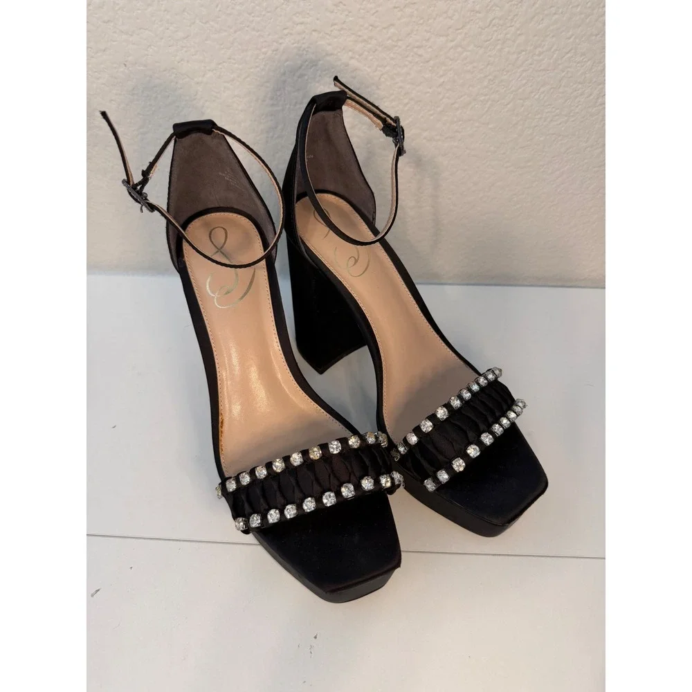 Sam Edelman Ninette Black Satin Rhinestone Platform Block Heel Sandals 7M